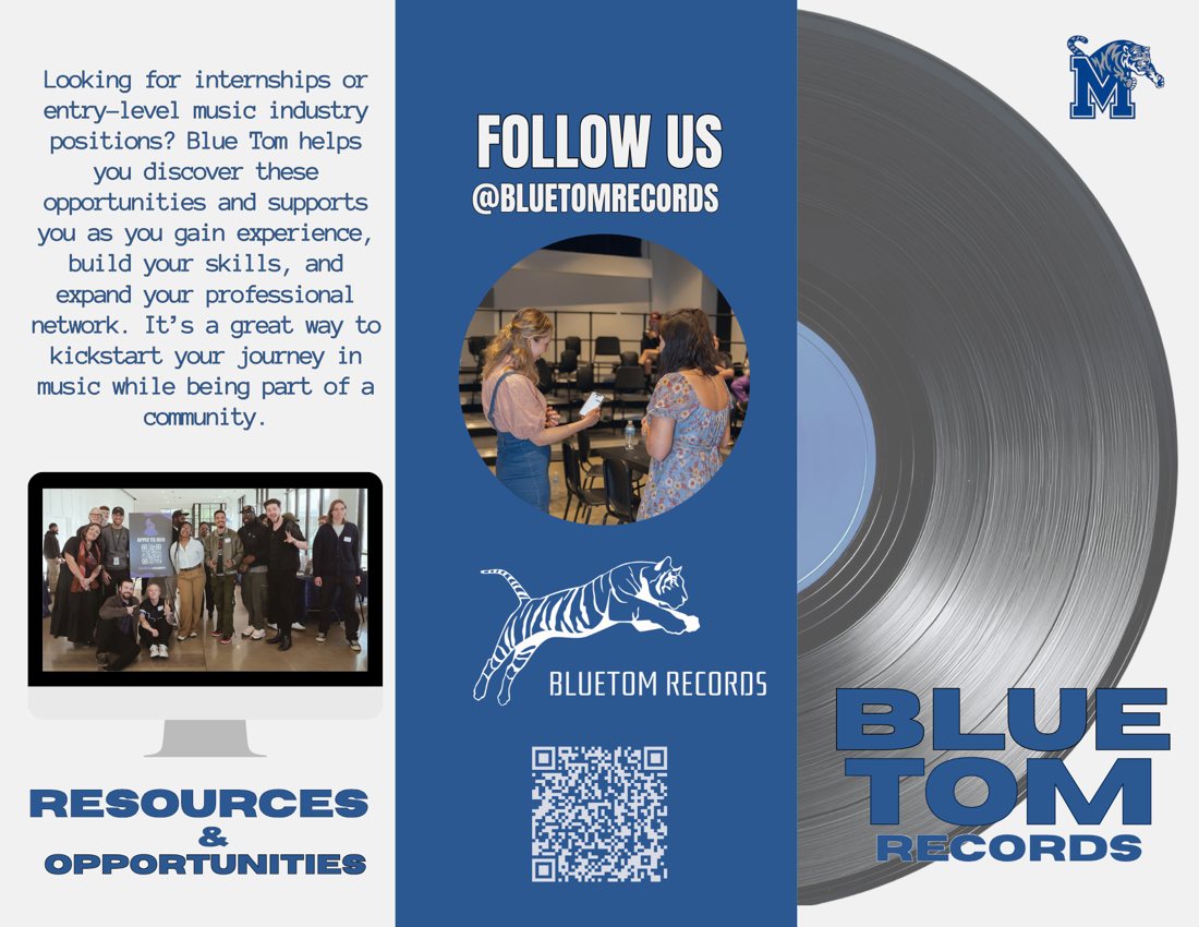 Blue Tom Records tri-fold brochure designed by Sadie, outside panels